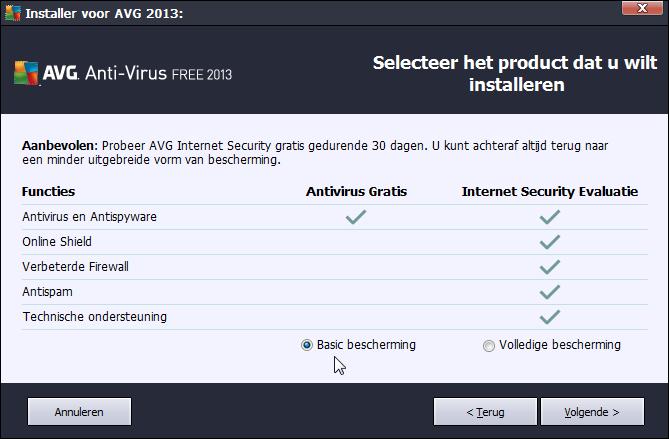 Kies tijdens de installatie voor Basic bescherming als je de gratis versie wilt (klik voor groter)